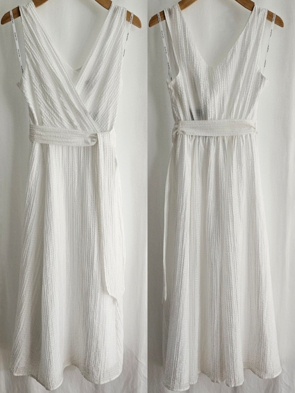 Halston White Sleeveless Seersucker Belted Flare Midi Dress - Picture 11 of 16